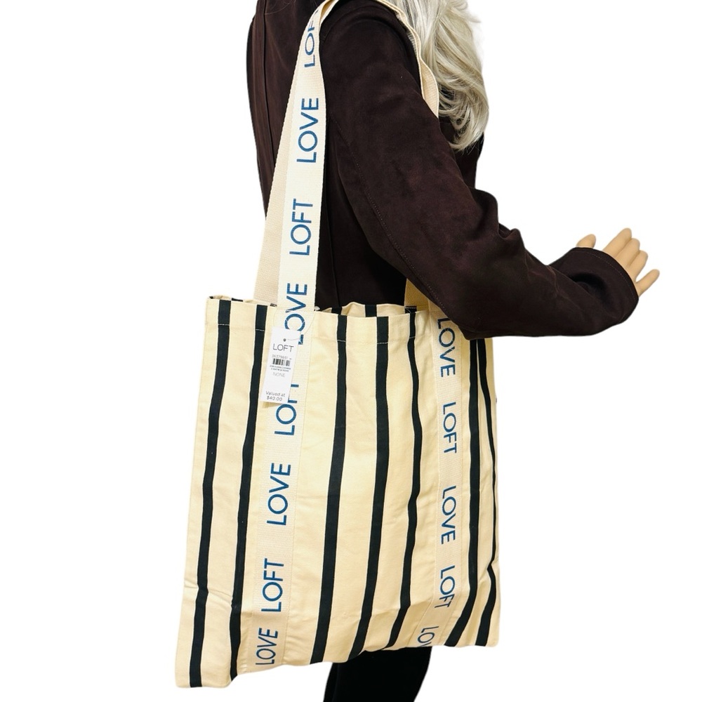 LOFT LOVE Canvas Cream Striped Shopping Tote NWT